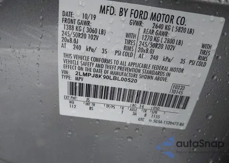 2020 Lincoln Nautilus Reserve из США, поврежденный, VIN 2LMPJ8K90LBL00520